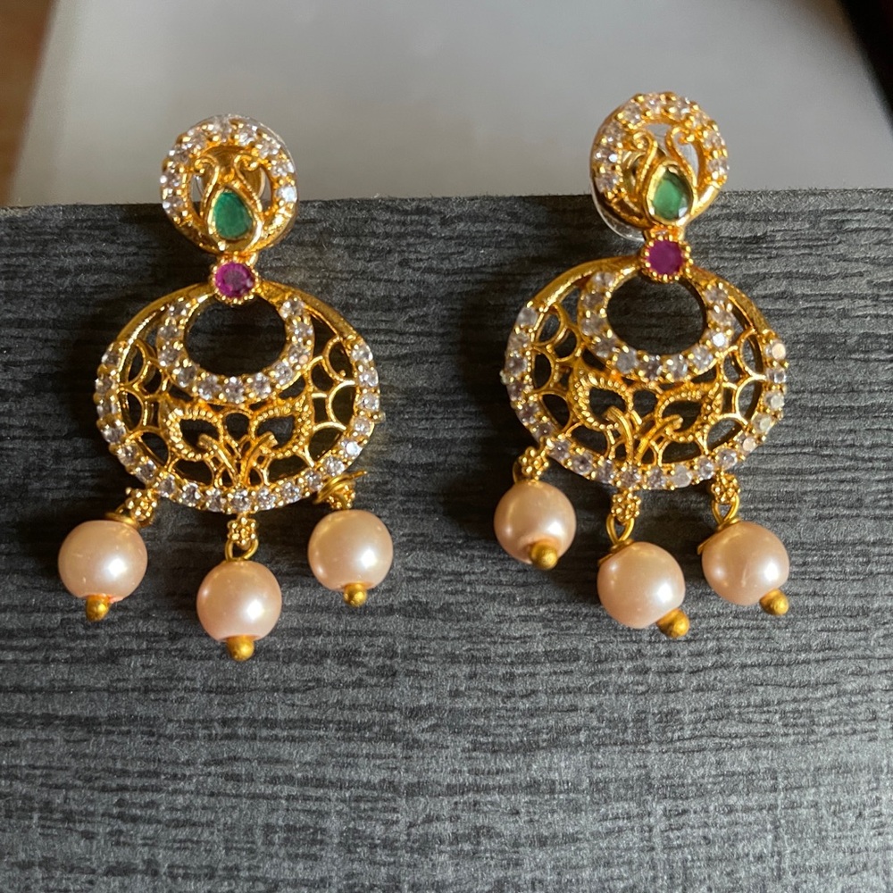 Gold-Tone Filigree Pearl Drop Earrings with Green & Pink Accents